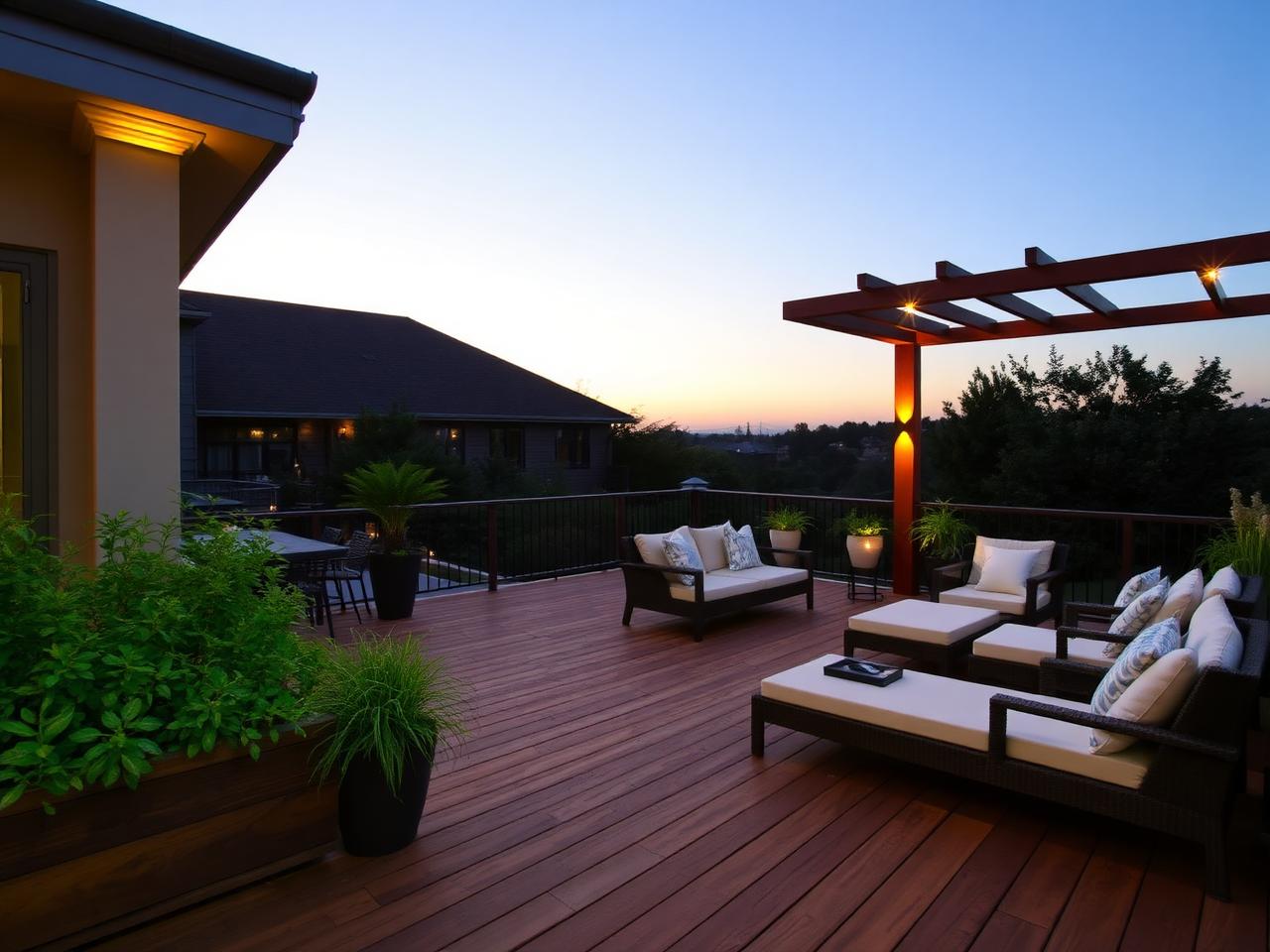 Holzterrasse mit Pergola und Lounge